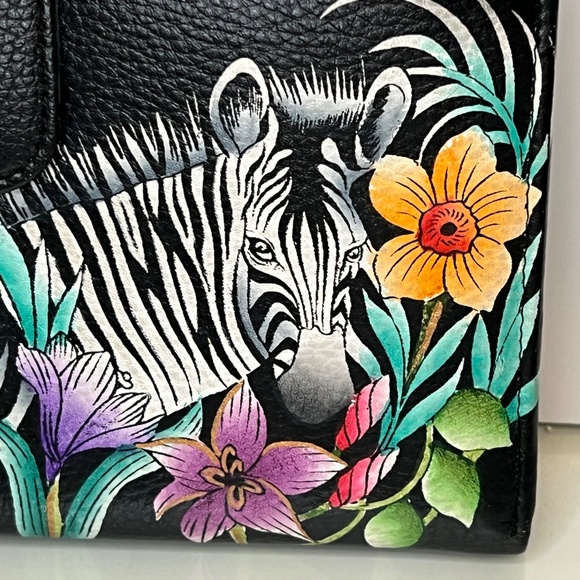 Anuschka Zebra Wallet Black Leather Floral Clutch Wallet NWOT Hand Painted - Picture 3 of 16